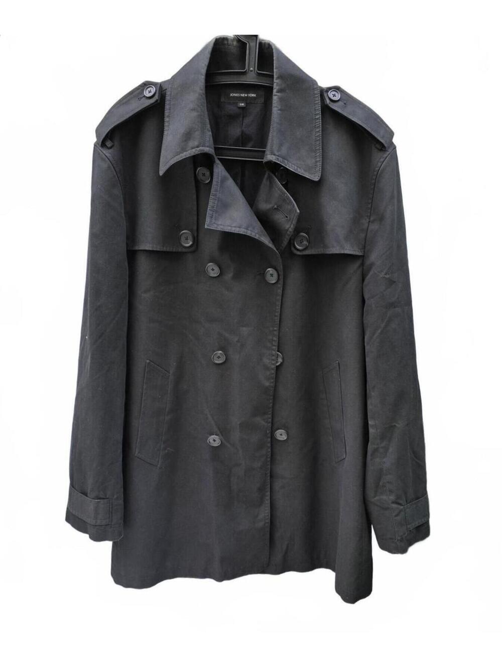 Jones New York Black Double Breasted Short Trench Coat Jacket Epaulets Size Lg